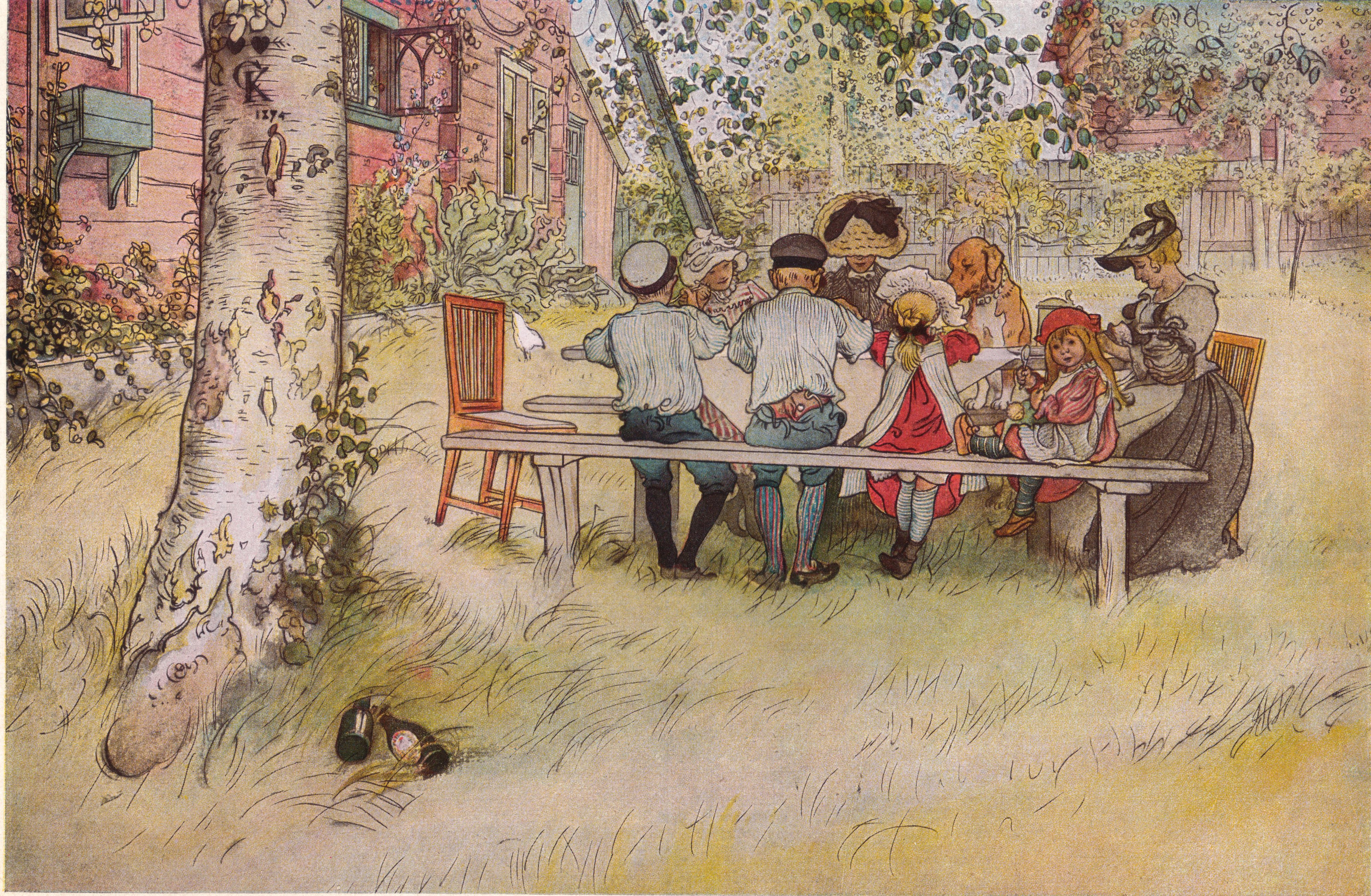 Painting of a sunny day where a family is eating breakfast around a large table outdoors.