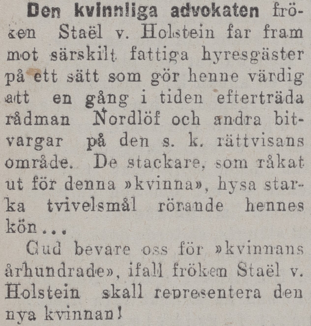 Tidningsartikel som beskriver en kvinnlig advokat i hårda ordalag.